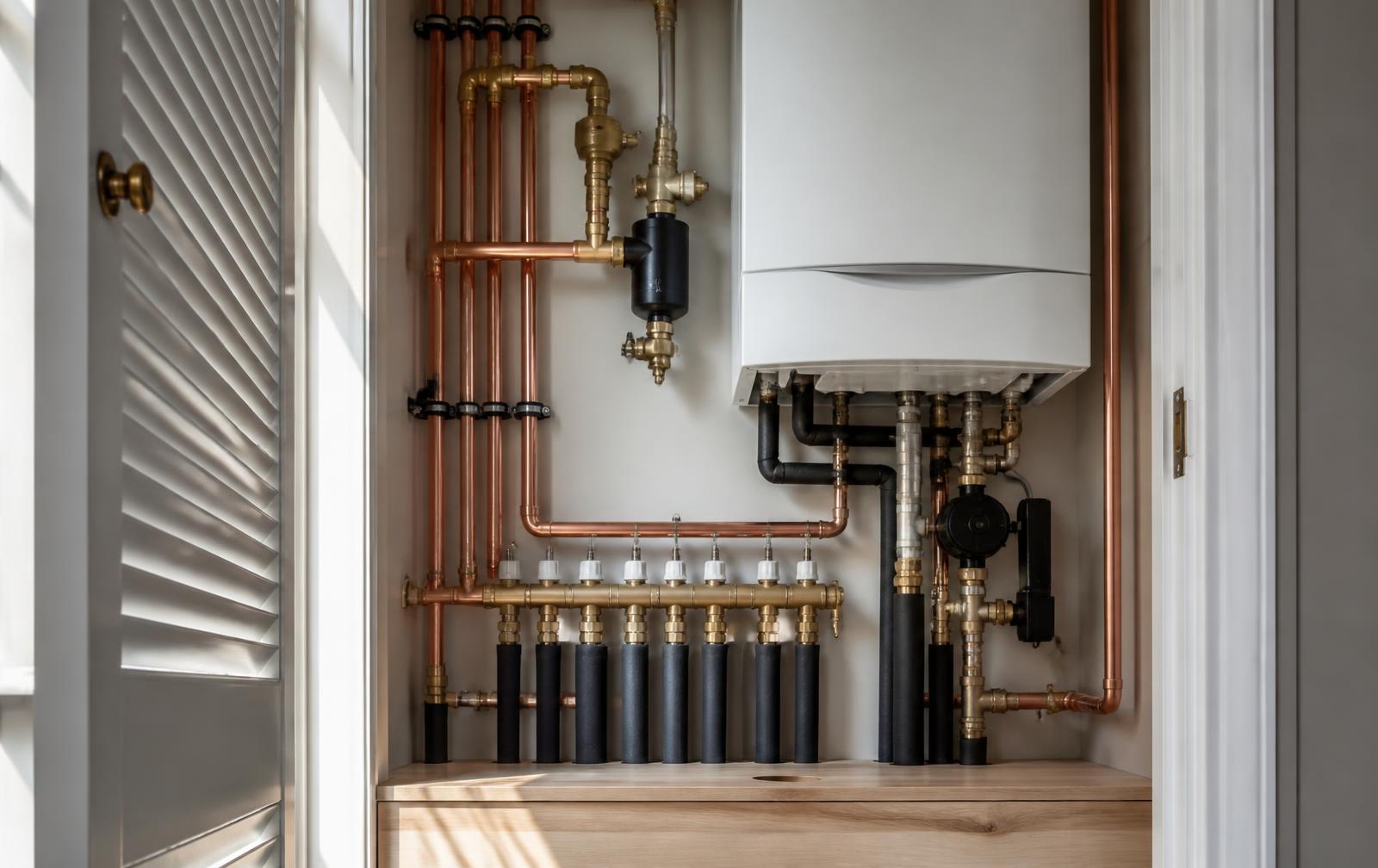 Neat residential plumbing installation with copper pipework, brass manifold and combi boiler, Leeds