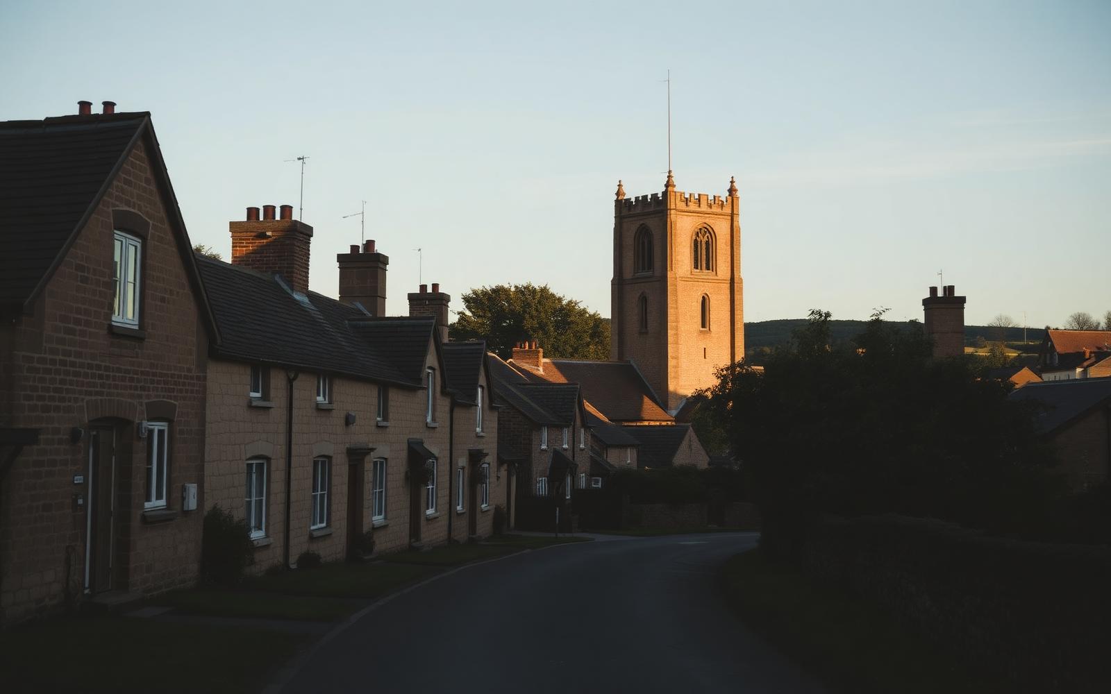 Rothwell village lane with stone church tower and traditional cottages