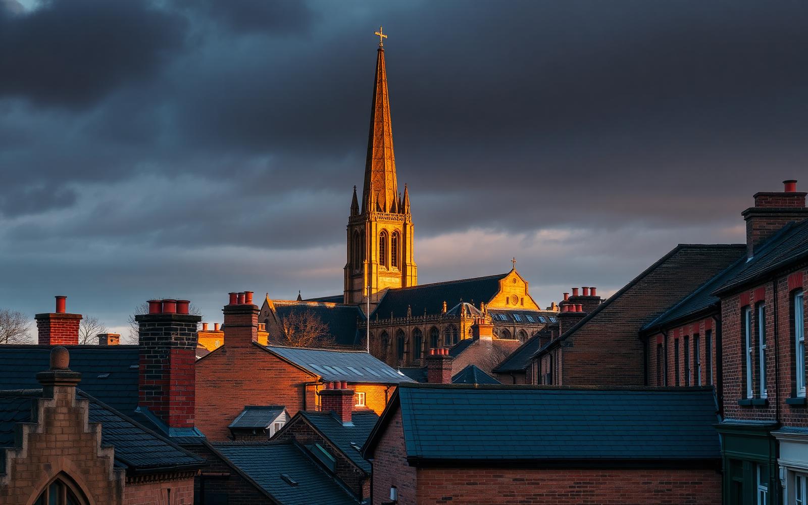Wakefield Cathedral spire rising above Yorkshire sandstone rooftops